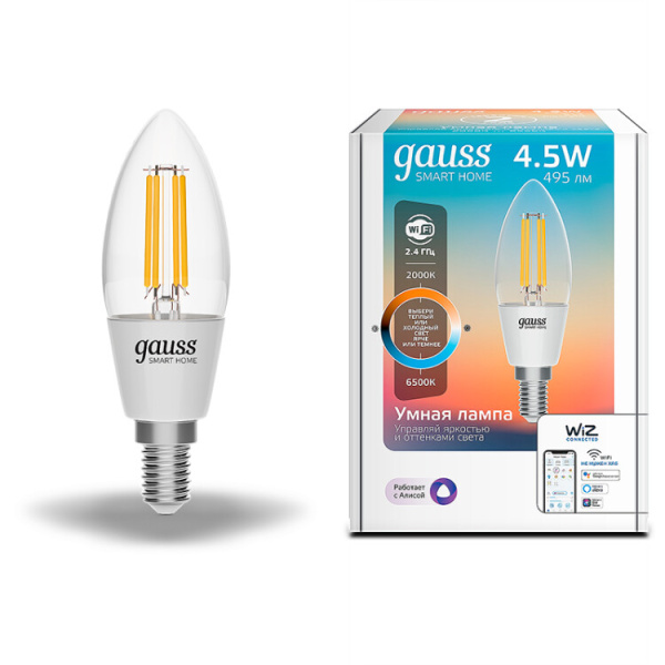Лампа светодиодная филаментная Smart Home DIM+CCT E14 C35 4,5 Вт 2000-6500 К 1/10/40 | 1250112 | Gauss
