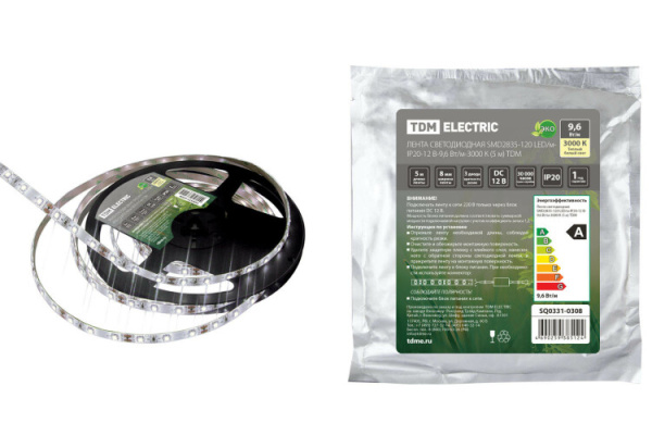 Лента светодиодная SMD2835-120 LED/м-IP20-12 В-9,6 Вт/м-3000 К (5 м) | SQ0331-0308 | TDM