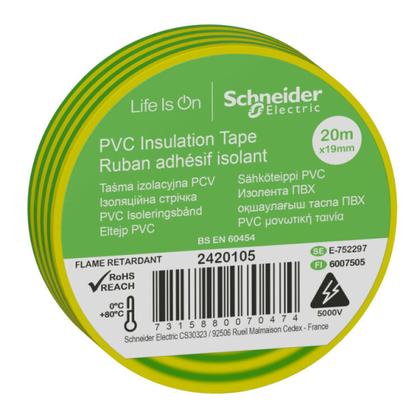 ИЗОЛЕНТА ПВХ 19мм Х 20м ЖЁЛТО-ЗЕЛЁНАЯ | 2420105 | Schneider Electric