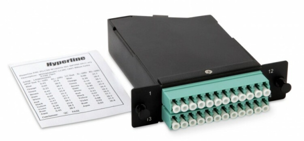 Кассета волоконно-оптическая FO-CSS-W120H32-503-2MTPM-24LC-AQ 2xMTP (папа), 120x32 мм, 24LC адаптера (цвет aqua), 24 волокна, OM3 | 47911 | Hyperline